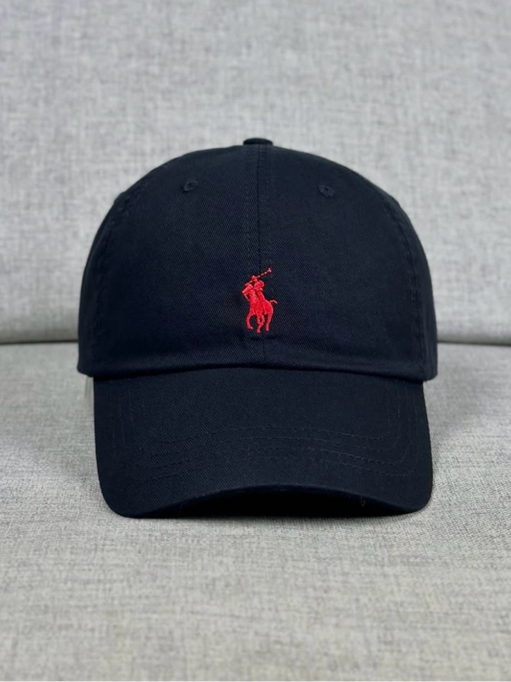 Polo Ralph Lauren black baseball hat with red logo, adjustable fit